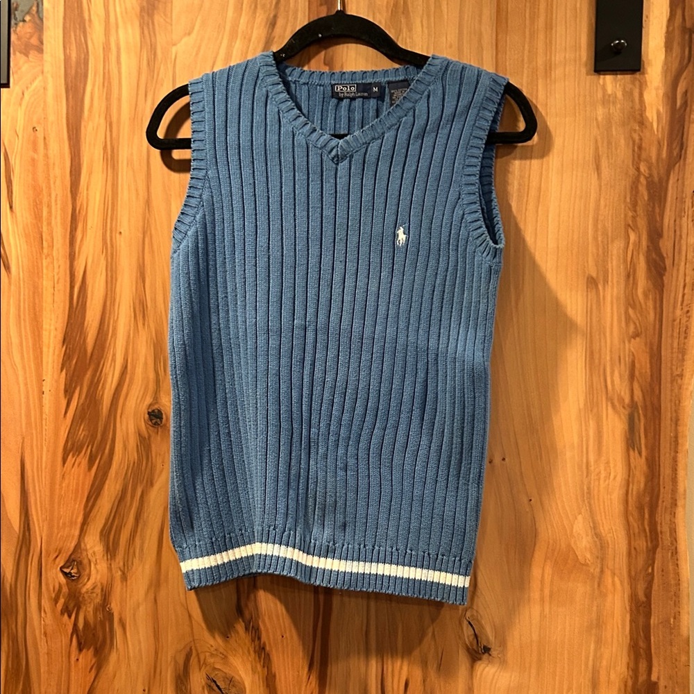 Polo by Ralph Lauren Light Blue Ribbed V‑Neck Sweater Vest with White Trim